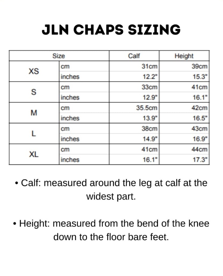 JLN Half Chaps Size Chart